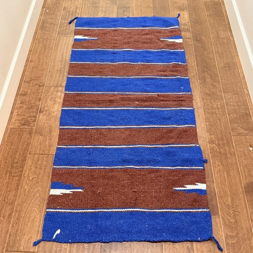 Vintage Mexican Saddle Blanket 60x28 Saltillo Serape Blue Brown Boho Rug Acrylic